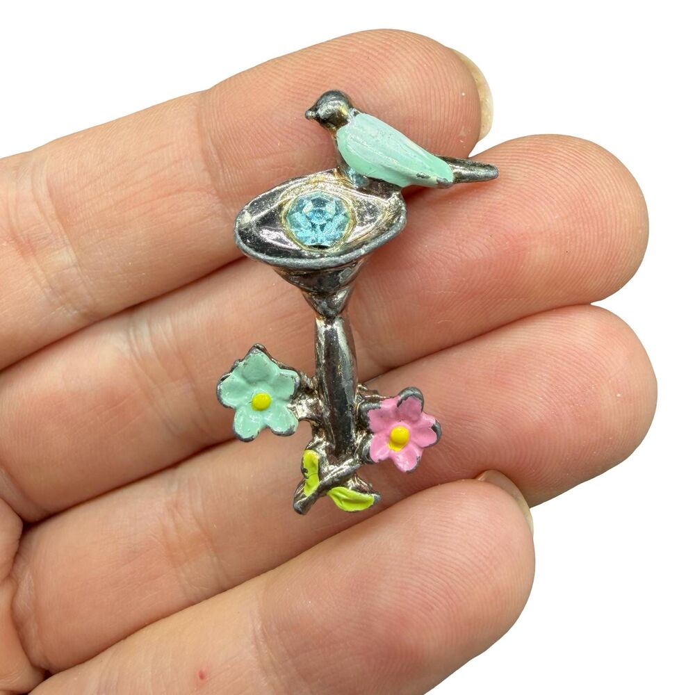 Vintage Bird Bath Brooch  Pin - Enamel, Rhinestones, Silver Tone